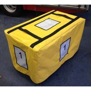 Crate covers Heavy duty tarpaulin to create a waterproofing for kit stowed outside on trucks or otherwise Clear plastic inventory pocket (animal rescue kit shown) Cut and stitched to order, any size, any colour any shape
